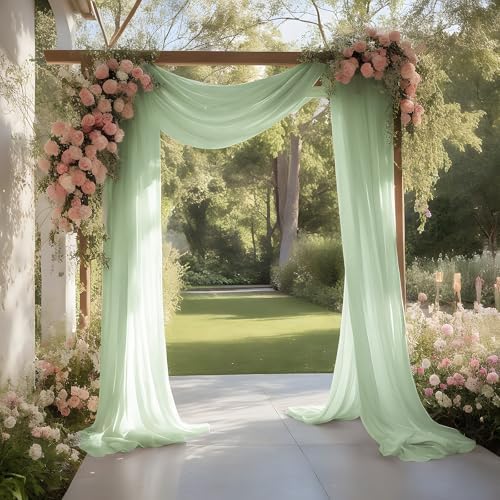 Sage Green Wedding Arch Draping Fabric Sheer Curtain Drapes 4 Panels | 20 ft Extra Long Shimmery Backdrop, alternate view 6