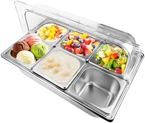 Salad bar Buffet Station for Home 6 Pan Countertop Food Serving Display Container With Clear Roll Top Cover
