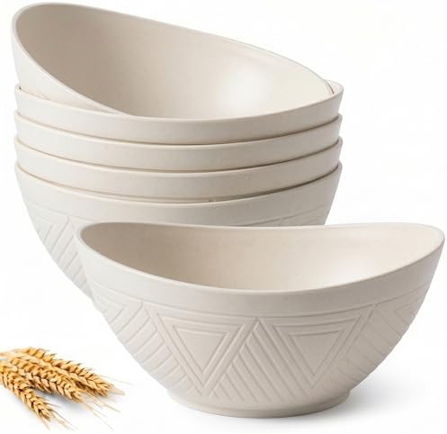 Salad Bowls Set of 6, 60 OZ Large Wheat Straw Bowls for Kitchen, Camping, Party, Unbreakable Lightweight Popcorn