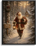 Santa Claus Framed Christmas Wall Art, Snowy Forest Cabin Canvas Pictures