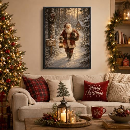 Santa Claus Framed Christmas Wall Art, Snowy Forest Cabin Canvas Pictures, alternate view 2