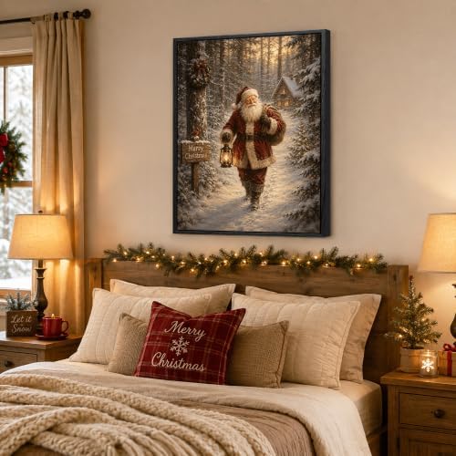 Santa Claus Framed Christmas Wall Art, Snowy Forest Cabin Canvas Pictures, alternate view 3