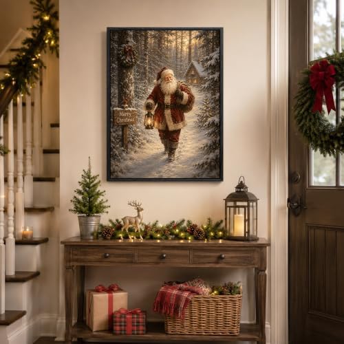 Santa Claus Framed Christmas Wall Art, Snowy Forest Cabin Canvas Pictures, alternate view 4