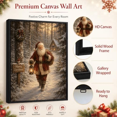 Santa Claus Framed Christmas Wall Art, Snowy Forest Cabin Canvas Pictures, alternate view 5