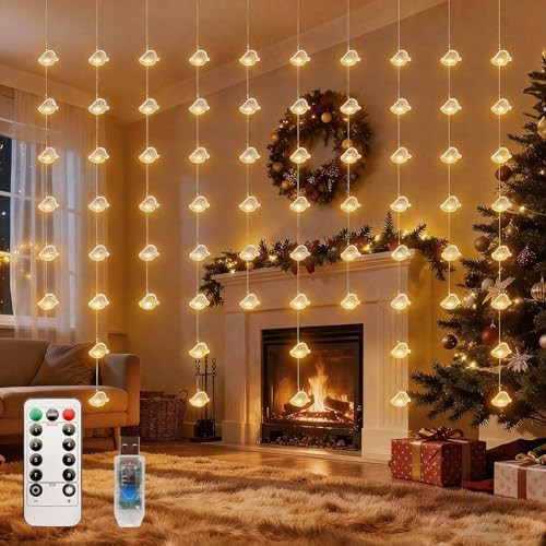 Santa Hats Curtain Lights, Warm White Window Lights 70 Hanging Light with Remote Fairy Led Twinkle String Lights