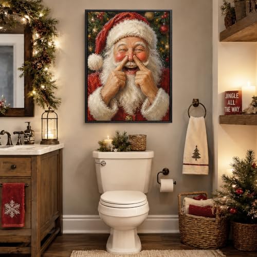 Santa Holding Toilet Paper Framed Wall Art, Christmas Bathroom Wall Decor, alternate view 2