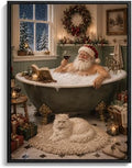 Santa in Bathtub Framed Christmas Wall Art, Funny Bathroom Canvas Pictures