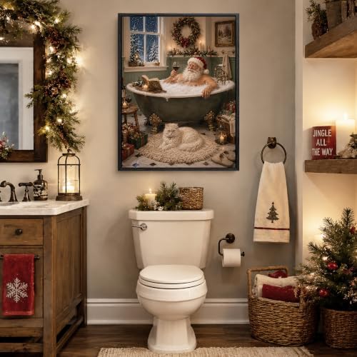 Santa in Bathtub Framed Christmas Wall Art, Funny Bathroom Canvas Pictures, alternate view 2