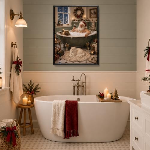 Santa in Bathtub Framed Christmas Wall Art, Funny Bathroom Canvas Pictures, alternate view 3