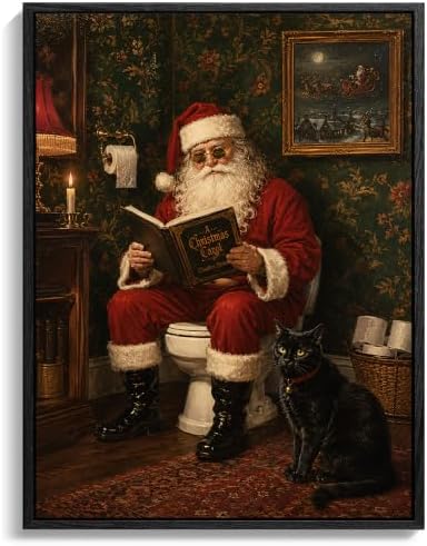 Santa On Toilet Canvas Wall Art, Funny Christmas Framed Bathroom Wall Art
