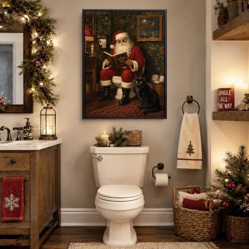 Santa On Toilet Canvas Wall Art, Funny Christmas Framed Bathroom Wall Art, alternate view 2
