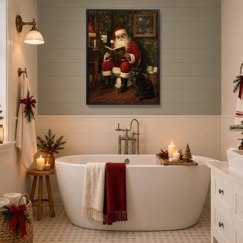 Santa On Toilet Canvas Wall Art, Funny Christmas Framed Bathroom Wall Art, alternate view 3