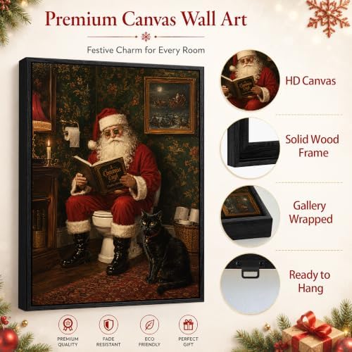 Santa On Toilet Canvas Wall Art, Funny Christmas Framed Bathroom Wall Art, alternate view 5