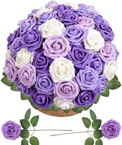 Series Purple Faux Foam Roses with Stems DIY Home Decor(50Pcs) in Series Purple