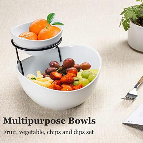Serving Bowls Set, 2 Tier Chip and Dip Bowls with Metal Rack Stand for Fruit, Salad, Candy, Snacks - Ceramic, alternate view