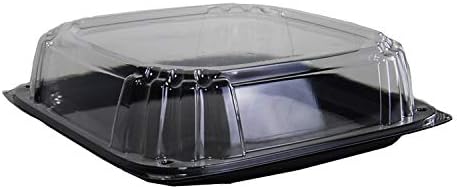 Serving Catering Tray Base & Lid Combo, 10.7X10.7X3.76 in, PET Black Clear Square, Freezer Safe, Case of 25 in
