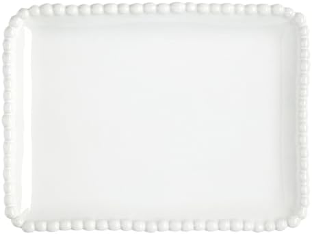 Serving Platter - Rectangular Ceramic Tray with Beaded Rim, 8", White in White