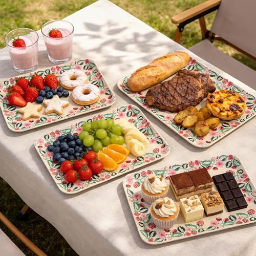 Serving Platters 4 Pc Set Melamine Bamboo Rect.Tray 12.6x9 Inch, Strawberry in Large in Strawberry, alternate view 2