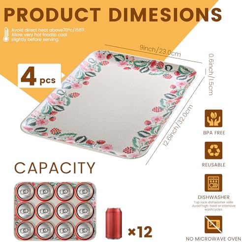 Serving Platters 4 Pc Set Melamine Bamboo Rect.Tray 12.6x9 Inch, Strawberry in Large in Strawberry, alternate view 3