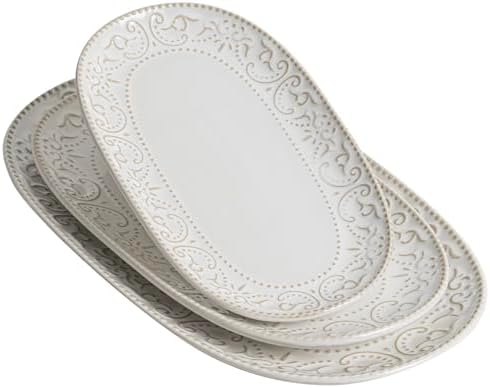 Serving Platters Set, 14"/12"/10" Oval Ceramic Serving Plates, Embossed Serving Trays for Party, Oven Dishwasher
