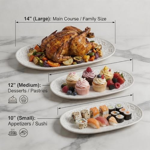 Serving Platters Set, 14"/12"/10" Oval Ceramic Serving Plates, Embossed Serving Trays for Party, Oven Dishwasher, alternate