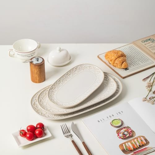 Serving Platters Set, 14"/12"/10" Oval Ceramic Serving Plates, Embossed Serving Trays for Party, Oven Dishwasher, alternate