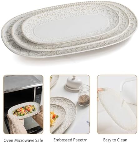 Serving Platters Set, 14"/12"/10" Oval Ceramic Serving Plates, Embossed Serving Trays for Party, Oven Dishwasher, alternate