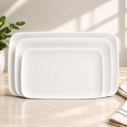 Serving Platters Set of 3, 15.7/13.7/11.4 Inch Rectangular Porcelain Serving Trays, White Ceramic Serving Dishes