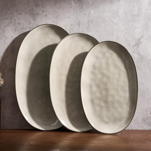 Serving Platters Set of 3 Sizes - Oval, Light khaki in Oval in Light khaki