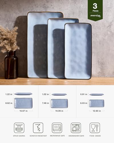 Serving Platters Set of 3 Sizes - Rectangular, Blue in Blue, alternate view 3