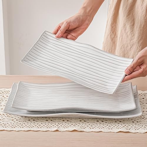 Serving Platters Set of 3 Sizes - Rectangular Striped Serving Tray in Extra Large in Black Striped, alternate view 4