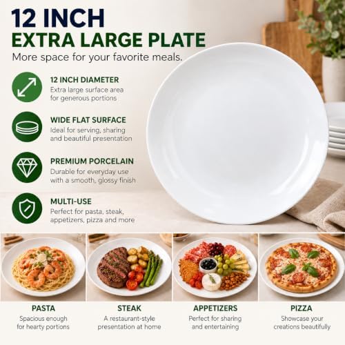 Serving Platters Set of 4, 12 Inch White Ceramic Serving Plates, Round Platters for Pasta, Steak, Appetizers and, alternate