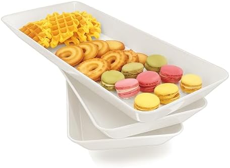 Serving Tray Platter Rectangle, 3 Pcs Long Narrow Food Tray for Veggie Fruit Snack Dessert, Plastic White Food