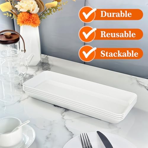 Serving Tray Platter Rectangle, 3 Pcs Long Narrow Food Tray for Veggie Fruit Snack Dessert, Plastic White Food, alternate
