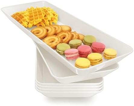 Serving Tray Platter Rectangle, 6 Pcs Long Narrow Food Tray for Veggie Fruit Snack Dessert, Plastic White Food