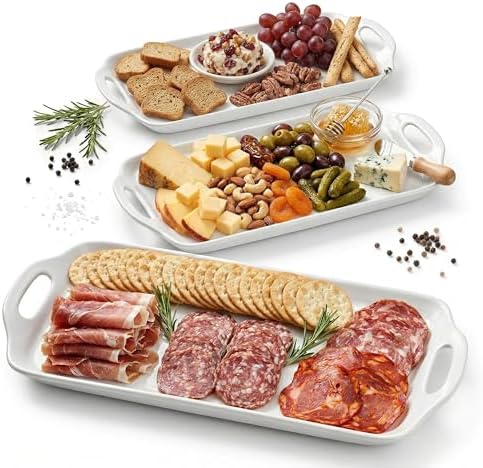 Serving Tray with Handles 16"x9.5" - White Porcelain Platters 3-Pack, Large Rectangular Serving Platters for