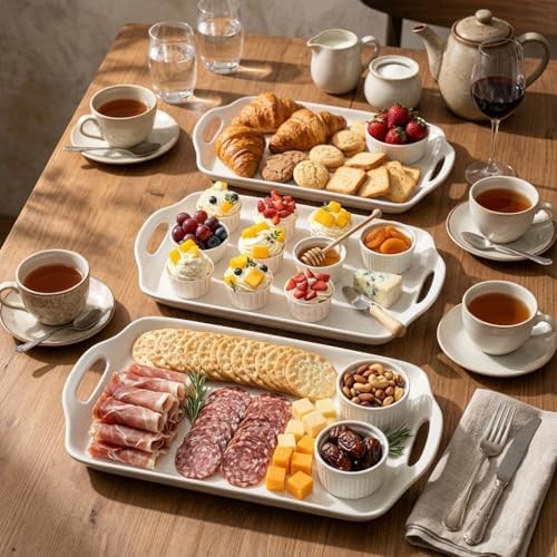 Serving Tray with Handles 16"x9.5" - White Porcelain Platters 3-Pack, Large Rectangular Serving Platters for, alternate view