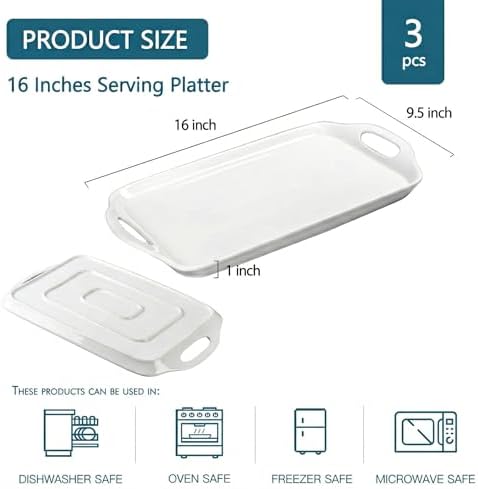 Serving Tray with Handles 16"x9.5" - White Porcelain Platters 3-Pack, Large Rectangular Serving Platters for, alternate view