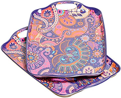 Serving Tray with Handles, Large Rectangle Melamine Serving Platter Set of 2, Paisley (19” x 12”) in Paisley