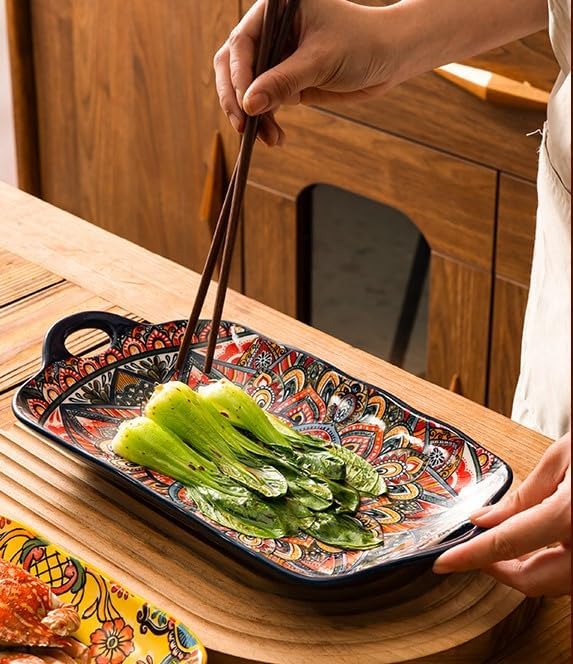 Serving Tray with Handles Rectangular Serving Platter Ceramic Extra Large Plates & Dishes Rectangle (Blue, alternate view 2