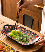 Serving Tray with Handles Rectangular Serving Platter Ceramic Extra Large Plates & Dishes Rectangle (Blue, alternate view 2