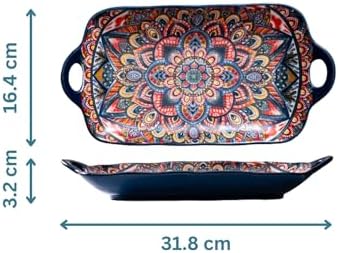 Serving Tray with Handles Rectangular Serving Platter Ceramic Extra Large Plates & Dishes Rectangle (Blue, alternate view 3