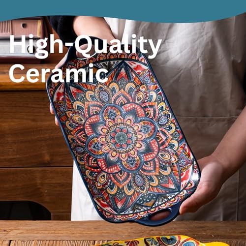 Serving Tray with Handles Rectangular Serving Platter Ceramic Extra Large Plates & Dishes Rectangle (Blue, alternate view 4