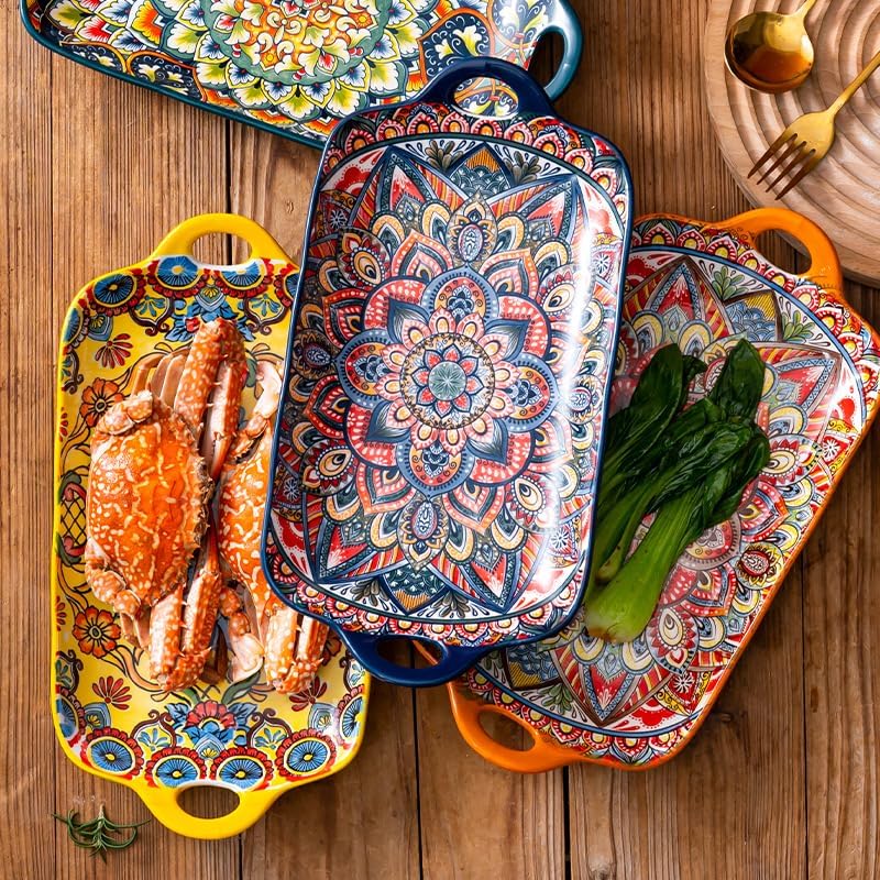 Serving Tray with Handles Rectangular Serving Platter Ceramic Extra Large Plates & Dishes Rectangle (Blue, alternate view 6