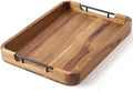 Serving Tray with Metal Handles, 17 x 13 in Acacia Wood Tray for Serving Food, Ottoman Decorative Tray Platter