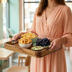 Serving Tray with Metal Handles, 17 x 13 in Acacia Wood Tray for Serving Food, Ottoman Decorative Tray Platter, alternate