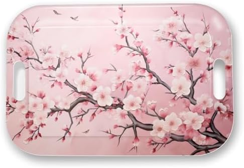 Serving Trays with Handles, 14.5 x 9.8 inch Rectangular Plastic Tray for Restaurant, Kitchen, Pink Cherry