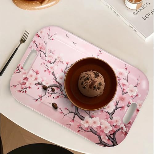 Serving Trays with Handles, 14.5 x 9.8 inch Rectangular Plastic Tray for Restaurant, Kitchen, Pink Cherry, alternate view 4