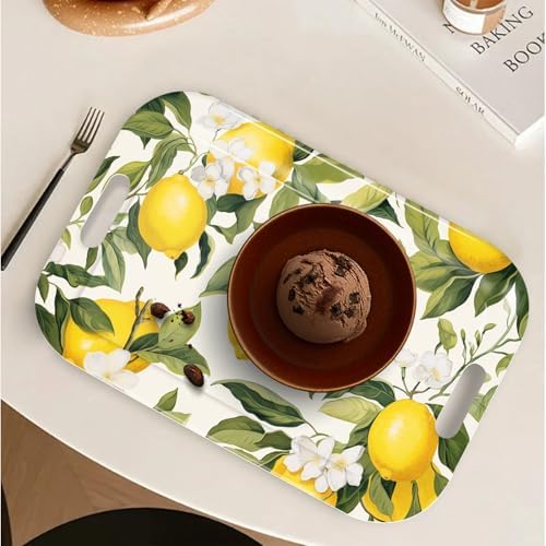 Serving Trays with Handles, 14.5 x 9.8 inch Rectangular Plastic Tray for Restaurant, Kitchen, Lemon and Leaves, alternate