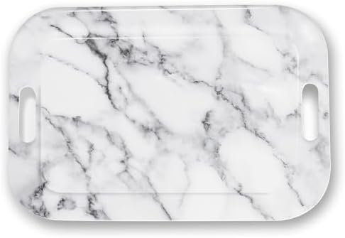 Serving Trays with Handles, 14.5 x 9.8 inch Rectangular Plastic Tray for Restaurant, Kitchen, Gray White Marble